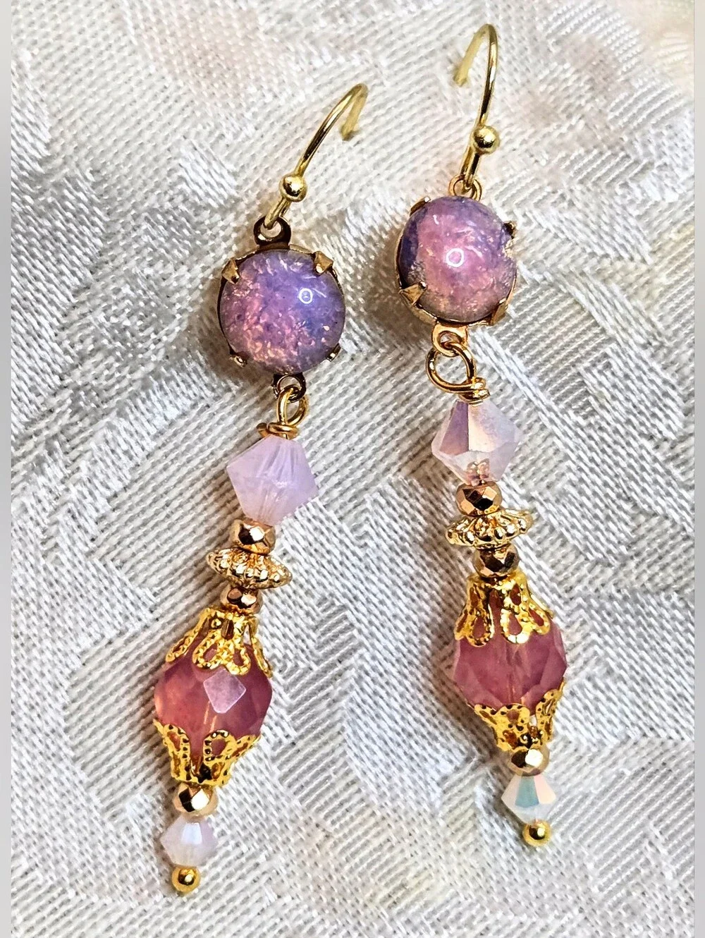 Victorian Delicate & Dainty Pink Opal Swarovski & Glass In Gold Plated Earrings